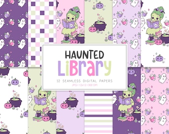 BIBLIOTECA ASSOMBRADA, Padrão de Repetição Sem Costura para o Halloween, Fundos Geométricos Retrô Desenhados à Mão, Papel Digital Imprimível
