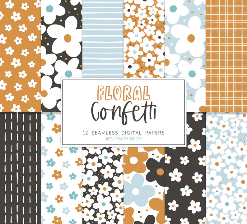 May include: A set of 12 digital paper patterns featuring floral confetti designs in various colours, including white, blue, orange, and black. The patterns are seamless and can be used for scrapbooking, card making, and other craft projects. "Floral Confetti" and "12 Seamless Digital Papers" are written in the image.