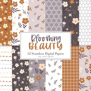 BLOOMING BEAUTY, padrão de repetição sem costura floral Boho, fundos florais desenhados à mão, papel digital para impressão