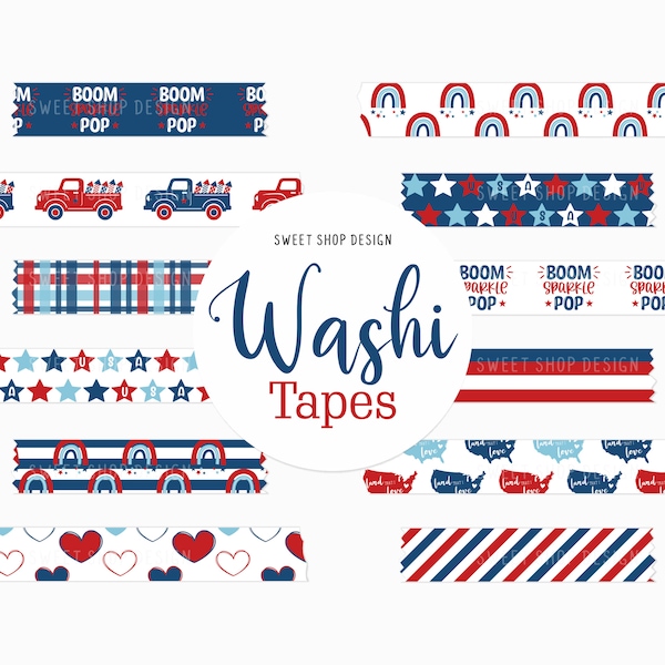 Digital Washi Tape Clipart 4th Of July, Graphics with USA Flags Stars Stripes For Digital Planner, Goodnotes