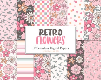 RETRO FLOWERS, Retro Floral Seamless Repeat Pattern, Backgrounds, Printable Digital Paper
