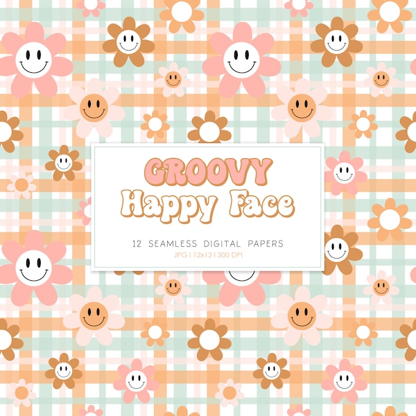 GROOVY RETRO, Retro Happy Face Seamless Pattern, Retro Background, Printable Digital Paper