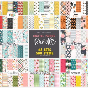 May include: A digital paper bundle with 48 sets and 580 items. The bundle includes various themes such as school life, bumble bee, boo to you, little flowers, garden of roses, spring floral, strawberry garden, and summer fun. Each set includes 12 digital papers in JPG format, 12x12 inches, 300 DPI.