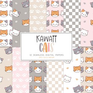 May include: A collection of 12 seamless digital papers featuring adorable cartoon cat faces in various colors and patterns. The papers include paw prints, checkered designs, and cat faces in shades of gray, orange, and white. The text "KAWAII CATS" is displayed in the center.
