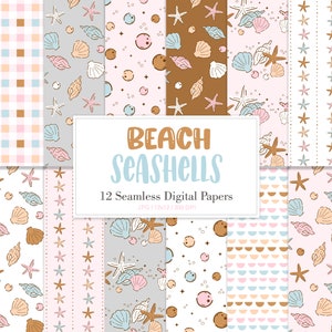 CONCHAS DE PLAYA, Patrón de repetición sin costuras de verano retro, fondos de perlas de estrella de mar de almeja, papel digital imprimible