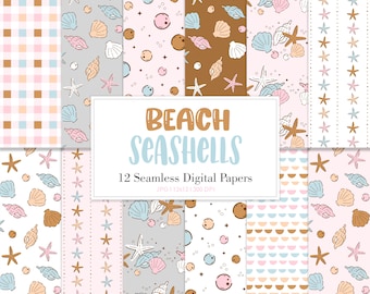 BEACH SEASHELLS, Retro Summer Seamless Repeat Pattern, Clam Starfish Pearl Backgrounds, Printable Digital Paper