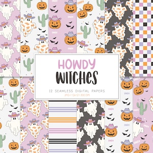 HOWDY, Western Halloween Seamless Repeat Pattern, Retro Backgrounds, Printable Digital Paper