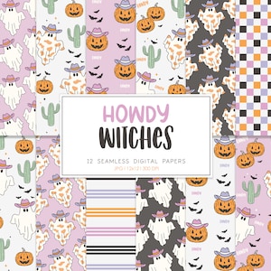 HOWDY, Halloween Western, motif répété sans couture, arrière-plans rétro, papier numérique imprimable