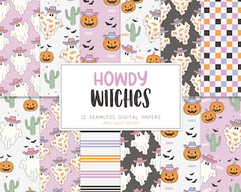 HOWDY, Western Halloween Seamless Repeat Pattern, Retro Backgrounds, Printable Digital Paper