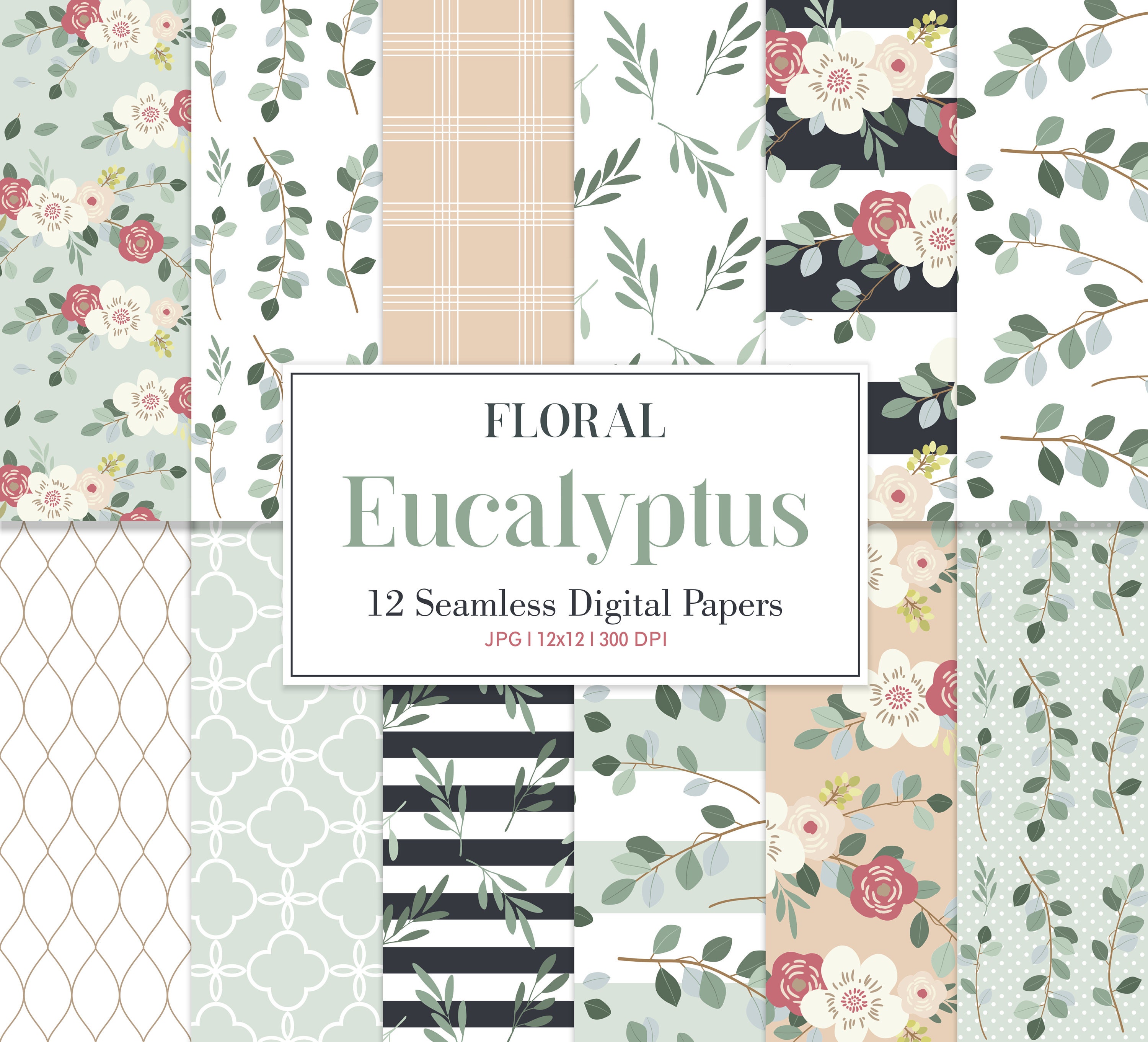 Digital Paper Pack Floral Eucalyptus, Floral Seamless Pattern, Floral…