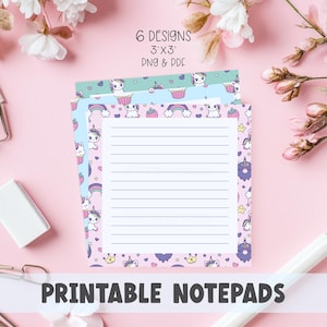 May include: Printable notepads with unicorn and rainbow designs. The notepads have lined pages and are 3x3 inches. The image shows six different designs with a pink background and the text "PRINTABLE NOTEPADS".