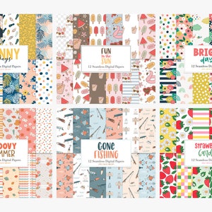 May include: A set of 12 digital paper designs featuring summer themes. The designs include patterns of lemons, stripes, flowers, watermelon, ice cream, flamingos, fish, and strawberries. The papers are perfect for scrapbooking, card making, and other craft projects.