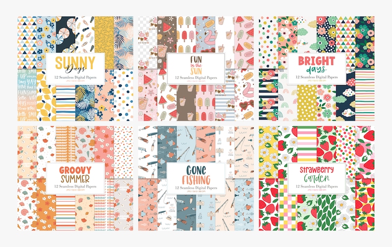 May include: A set of 12 digital paper designs featuring summer themes. The designs include patterns of lemons, stripes, flowers, watermelon, ice cream, flamingos, fish, and strawberries. The papers are perfect for scrapbooking, card making, and other craft projects.
