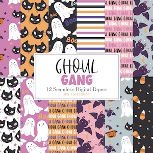 GHOUL GANG, Halloweenowy bezszwowy wzór powtarzalny, ręcznie rysowane geometryczne tła, cyfrowy papier do druku