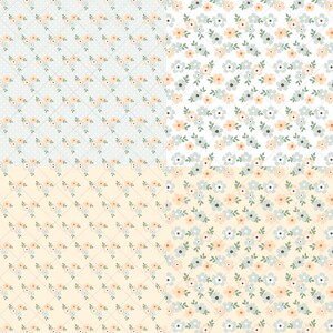 May include: Four seamless patterns featuring a repeating design of small, light blue and peach flowers with green leaves on a white, light blue, peach, and light peach background.