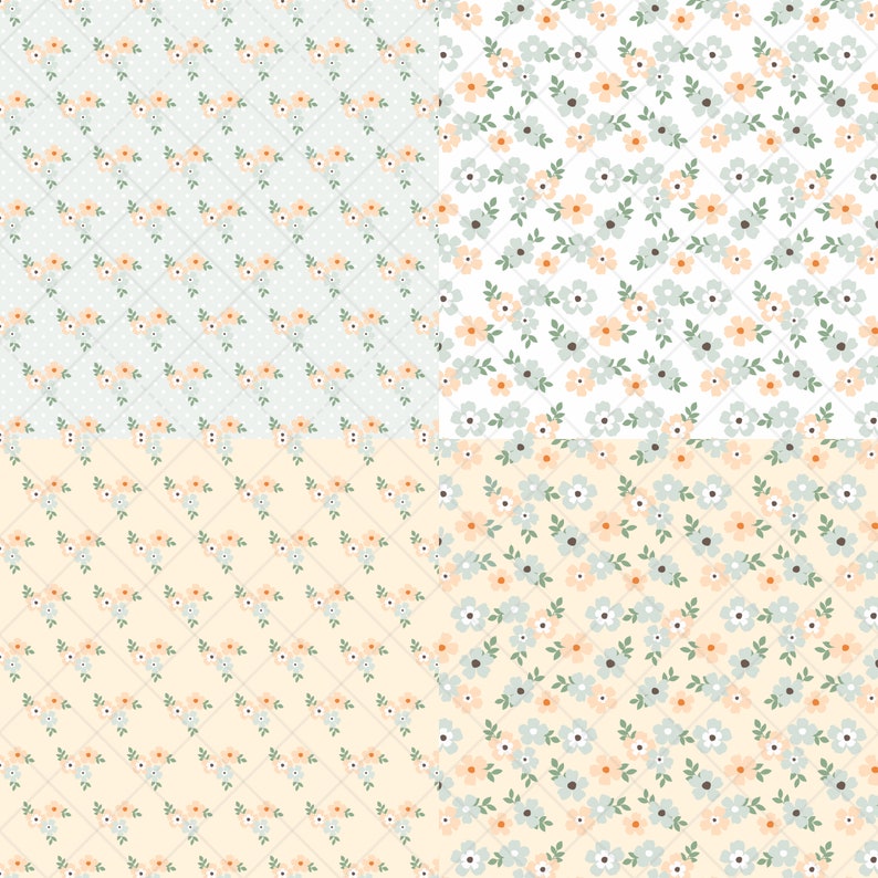 May include: Four seamless patterns featuring a repeating design of small, light blue and peach flowers with green leaves on a white, light blue, peach, and light peach background.