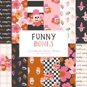 FUNNY BONES, Boho Halloween Seamless Repeat Pattern, Skeleton Background, Printable Digital Paper