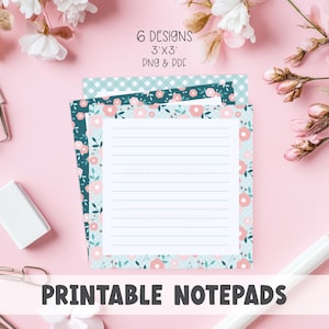 May include: Printable notepads with floral and gingham designs. The notepads are 7.6 x 7.6 cm and come in six different designs. The notepads have lined pages and are in PNG and PDF formats. The notepads are on a pink background.