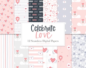 CELEBRATE LOVE, Valentine Swans Hearts Seamless Repeat Pattern, Backgrounds, Printable Digital Paper