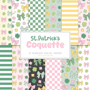 May include: Twelve digital paper designs featuring a St. Patrick's Day theme. The patterns include green shamrocks, pink and yellow bows, and the words "luck" in a retro font. The papers are 12x12 inches and 300 DPI.