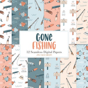 GONE FISHING, Motif répété sans couture pour la saison de pêche en plein air, Arrière-plans d'été, Papier numérique imprimable