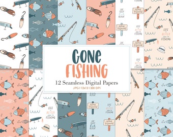 Könnte beinhalten: Zwölf digitale Papiere mit einem Angelthema. Die Papiere zeigen verschiedene Illustrationen zum Thema Angeln, darunter Fische, Angelruten, Köder und Schilder mit Angeltexten. Die Papiere sind in verschiedenen Farben gehalten, darunter Blau, Rosa und Weiß.