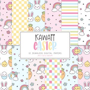 May include: A set of 12 seamless digital papers with a Kawaii Easter theme. The designs include bunnies, chicks, carrots, flowers, rainbows, and checkered patterns in pastel colours. The text "KAWAII EASTER" is displayed in a colourful font.