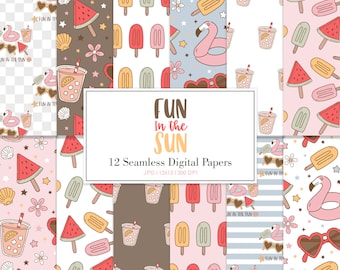 FUN in the SUN, Floral Ice Cream Seamless Pattern, Summer Beach Backgrounds, Printable Digital Paper