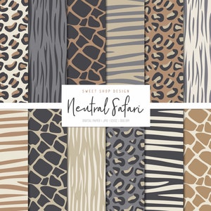 NEUTRAL SAFARI, Zebra Giraffe Skin Leopard Print Backgrounds, Printable Digital Paper