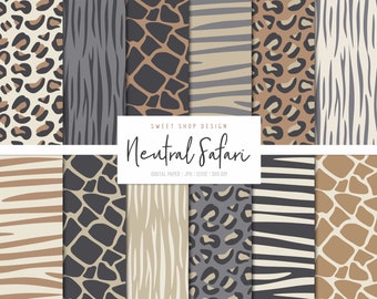 NEUTRAL SAFARI, Zebra Giraffe Skin Leopard Print Backgrounds, Printable Digital Paper