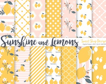 SUNSHINE AND LEMONS, Yellow Floral Backgrounds, Printable Digital Paper