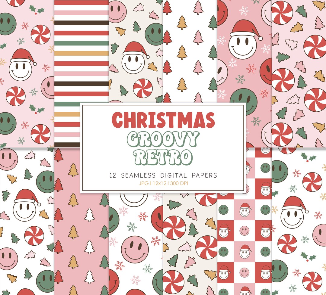 CHRISTMAS RETRO, Retro, Christmas, Happy Face, Seamless Pattern, Retro
