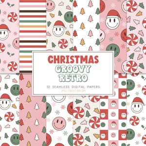 CHRISTMAS RETRO, Retro, Christmas, Happy Face, Seamless Pattern, Retro Backgrounds, Printable Digital Paper
