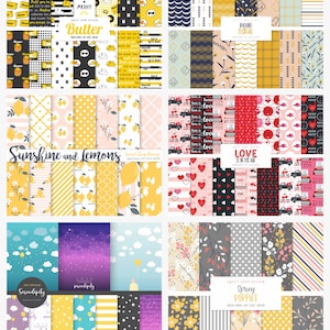 May include: A set of 20 digital paper patterns featuring various designs, including lemons, flowers, hearts, clouds, stars, and geometric shapes. The patterns are in a variety of colors, including yellow, pink, blue, green, and red. The patterns are perfect for scrapbooking, card making, and other craft projects.
