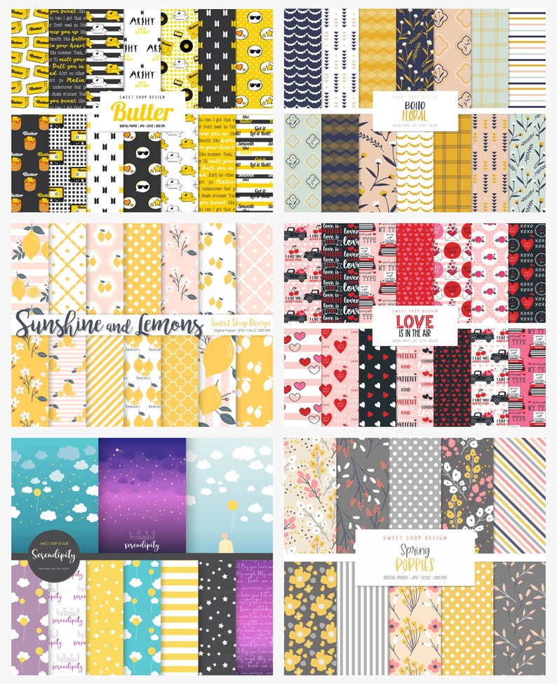 May include: A set of 20 digital paper patterns featuring various designs, including lemons, flowers, hearts, clouds, stars, and geometric shapes. The patterns are in a variety of colors, including yellow, pink, blue, green, and red. The patterns are perfect for scrapbooking, card making, and other craft projects.