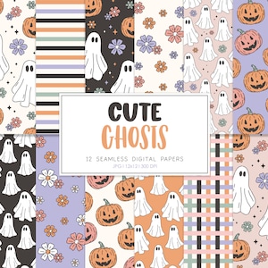SŁODKIE DUCHY, Halloweenowy bezszwowy powtarzalny wzór, Retro ręcznie rysowane geometryczne tła, cyfrowy papier do druku