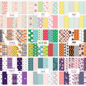May include: A set of 40 digital paper patterns featuring various themes, including floral, Easter, Christmas, fall, Halloween, and more. The patterns are in a variety of colors and styles, and are perfect for scrapbooking, card making, and other craft projects.