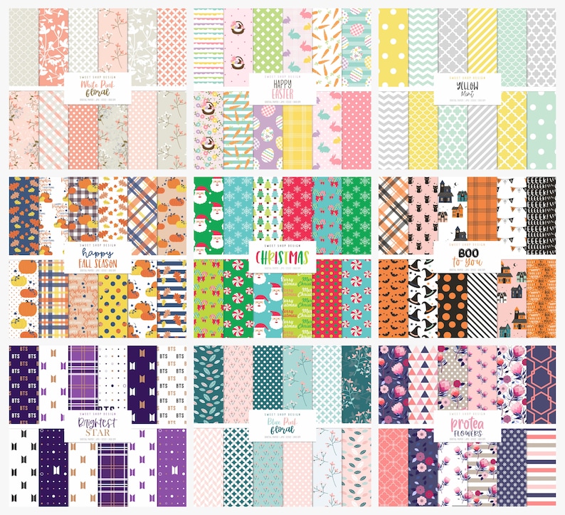 May include: A set of 40 digital paper patterns featuring various themes, including floral, Easter, Christmas, fall, Halloween, and more. The patterns are in a variety of colors and styles, and are perfect for scrapbooking, card making, and other craft projects.
