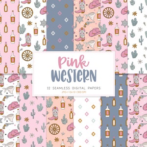 PINK WESTERN, Patrón de repetición sin costuras del oeste de vaquera, fondos del desierto floral de cactus, papel digital imprimible