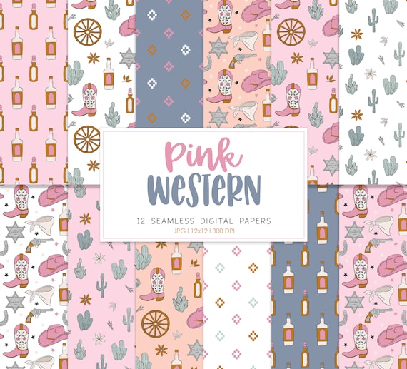 PINK WESTERN, Cowgirl Seamless Repeat Pattern, Cactus Floral Desert Backgrounds, Printable Digital Paper