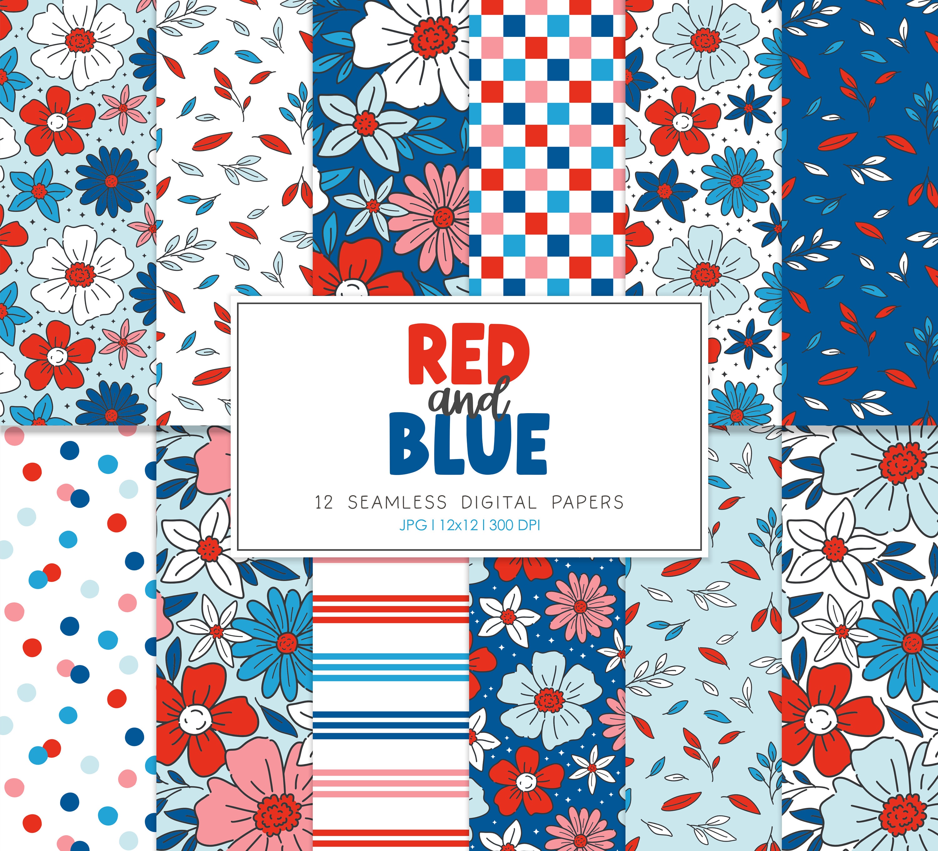 RED and BLUE, Retro Floral Fourth July Seamless Repeat Pattern, Backgrounds, Printable Digital Paper