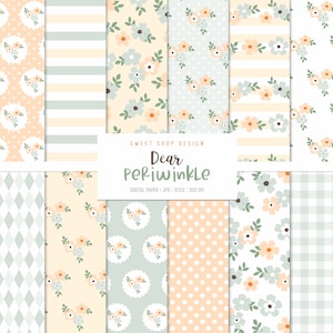 May include: A set of 12 digital paper patterns featuring floral designs in shades of peach, light blue, and green on a cream background. The patterns include polka dots, stripes, gingham, and floral arrangements. The text "Dear Periwinkle" is displayed in a banner at the top of the image.