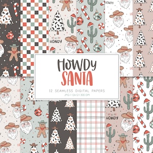 Motif de répétition sans couture de Noël occidental, arrière-plans rétro, papier numérique imprimable, HOWDY Santa