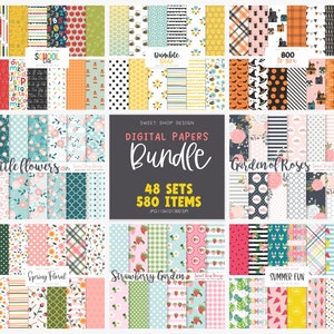 May include: A digital paper bundle with 48 sets and 580 items. The bundle includes various themes, such as school life, bumble bee, boo to you, little flowers, garden of roses, spring floral, strawberry garden, and summer fun. Each theme features a variety of patterns and colors.