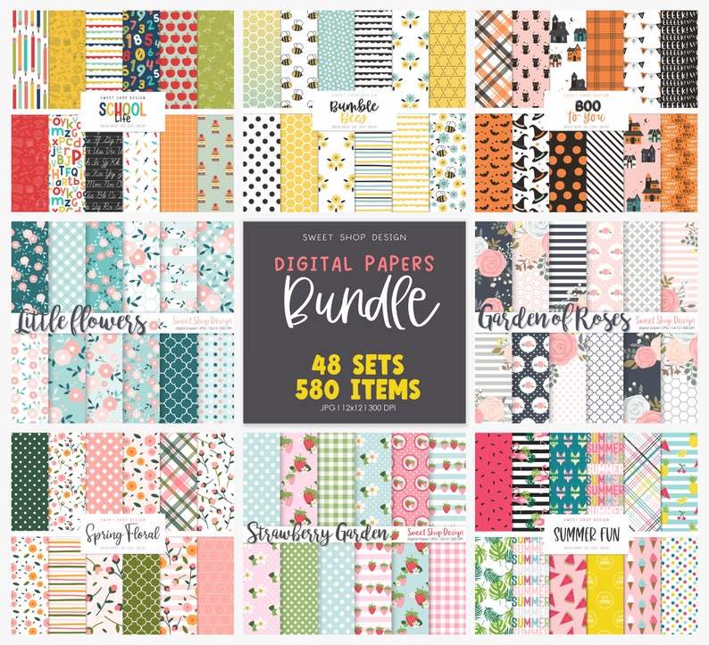May include: A digital paper bundle with 48 sets and 580 items. The bundle includes various themes, such as school life, bumble bee, boo to you, little flowers, garden of roses, spring floral, strawberry garden, and summer fun. Each theme features a variety of patterns and colors.