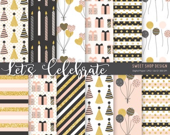 LETS CELEBRATE, Birthday Party Gold Blush Black, Backgrounds, Printable Digital Paper