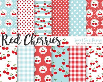 Digital Paper Pack RED CHERRIES, Background, Digital Paper, 8.5x11 Inches, Set of 12 Papers