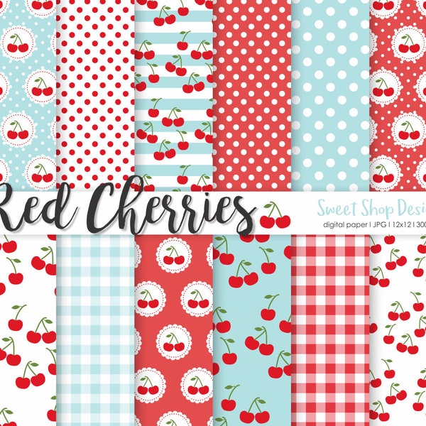 Digital Paper Pack RED CHERRIES, Background, Digital Paper, 8.5x11 Inches, Set of 12 Papers