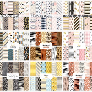 May include: A set of 36 digital paper patterns featuring various designs, including floral, animal prints, geometric, and celebratory themes. The patterns are in a variety of colors, including gold, pink, blue, and black.