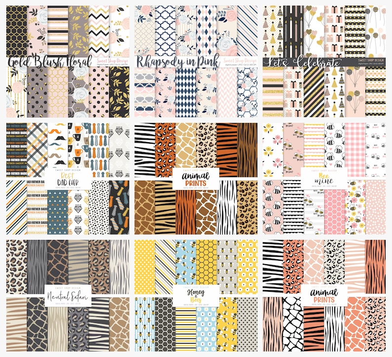 May include: A set of 36 digital paper patterns featuring various designs, including floral, animal prints, geometric, and celebratory themes. The patterns are in a variety of colors, including gold, pink, blue, and black.